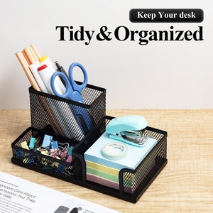 Sleek Matte Black Steel Mesh Multi-Container Compact Workspace <b>Storage</b> System Corporate Supply Office Organizer - Product Image 1