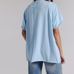 High Quality Women Oversized Light Blue V Neck T-Shirt Casual Loose Fit Short Sleeve Distress Cotton <b>Top</b> For Women Plus Size Tee - Product Image 2