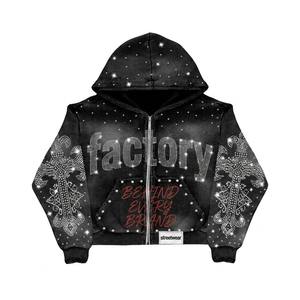Fabricants de vêtements sur mesure : Sweat à capuche en coton French Terry épais, coupe ample, imprimé DTG intégral, délavé soleil, effet délavé à l'acide, avec strass - Product Image 1
