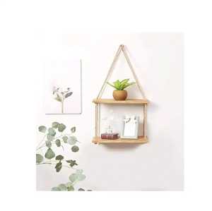 2 Tier Hanging <b>Wood</b> Floating Wall Shelf Cotton Rope <b>Triangle</b> Storage Display Rack Living Room Wall Mounted Ledge Organizer - Product Image 2