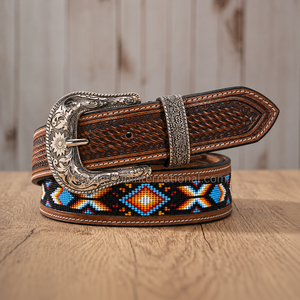 Cinturón de Cuero de Alta Calidad Estilo Occidental con Trenzado y Adornos Hechos a Mano para Hombre y Mujer con Cuentas de Diamantes Multicolores - Product Image 3