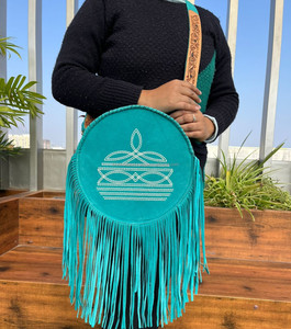 2025 New Arrivals Boot Stitch Hand Tooled Suede Leather Round Shoulder Fringe Bag for Women Genuine Leather Circle Crossbody Bag - Product Image 2