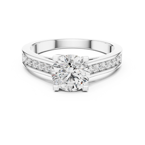 Bague de fiançailles solitaire classique de luxe en moissanite taille ronde pour femme, en or blanc 14 carats plaqué rhodium, avec bande pavée, bijoux de mariage - Product Image 1