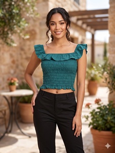 Women's Teal Solid <b>Ruffle</b> <b>Off</b>-<b>Shoulder</b> Sleeveless Blouse Square Neck Rayon Elastic Casual Eco-friendly Woven Crop <b>Top</b> Summer - Product Image 5