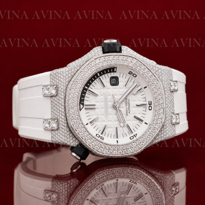 Montre chronographe de luxe pour homme sertie de moissanite |   Montre avec bracelet en caoutchouc rouge et diamants |   Montre sportive Hip Hop en or rose - Product Image 2