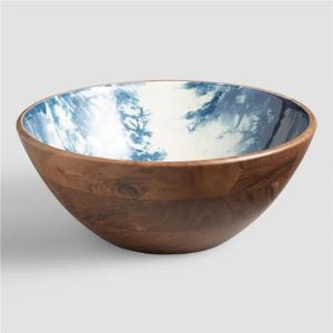 Modern Striped Enamel Wooden Serving Bowl Eco-Friendly Handcrafted Round Salad Bowl & Servers <b>Set</b> for Kitchen Dining Decor Bowls - Product Image 2