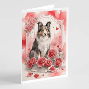 Whimsical A7 Tamaño 5x7 Collie Valentine Roses Tarjetas de notas en blanco Paquete de 8 con sobres Tarjetas de felicitación - Product Image 1