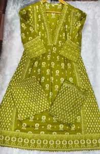 Olive Green Printed Anarkali <b>Kurta</b> Set for <b>Women</b> with Dupatta | Ethnic Indian Festive Wear | Elegant Cotton Suit Set - Product Image 4