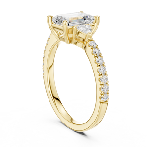 Bague de fiançailles en or jaune avec diamant taille émeraude et trois pierres, bague de mariage pavée pour femme - Product Image 3
