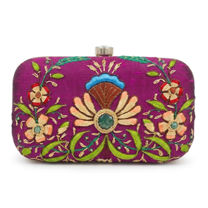Women Embroidered Metal <b>Frame</b> Clutch Purse Floral Design Evening Handbag Party Wedding Chain Strap Fashion Box Bag - Product Image 1