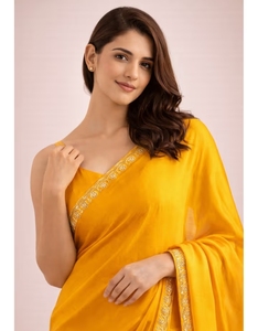 Sari KV para mujer, amarillo, de georgette, con borde adornado, listo para usar, con blusa sin coser - Product Image 5