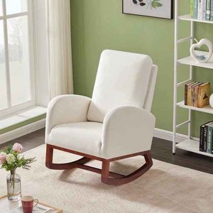 Sedia a dondolo da interno in flanella beige con schienale alto e gambe marroni, sedia da soggiorno con tasca laterale - Product Image 2