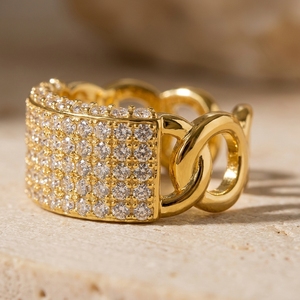 Four Row Pave <b>Statement</b> <b>Ring</b> Shimmering Cut Lab Grown Diamonds Wide Curb Link Engagement Women's 10k/14k/18k Gold Plated <b>Ring</b> - Product Image 2
