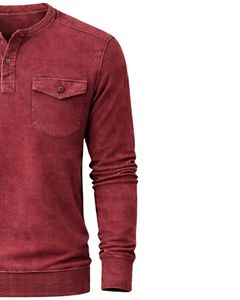 Sweat-shirt Henley à manches longues pour homme, délavé à l'acide, rouge bordeaux, col boutonné, style décontracté avec poche, vêtement d'hiver en coton, coupe ajustée - Product Image 4