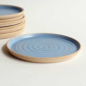 Round <b>Ceramic</b> Flat <b>Plate</b> Handmade Minimalist Design Blue Rim Speckled Finish Dinnerware Set - Product Image 2