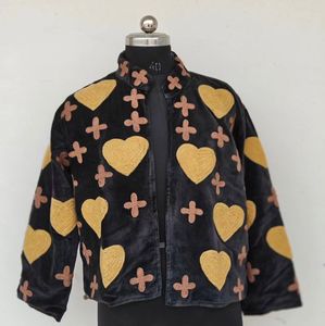 Chaqueta Acolchada de Terciopelo para Mujer, Cuello Mandarín, Estilo Y2K, Apliques Florales de Corazón, Manga Tres Cuartos, Chaqueta Corta de Invierno de Algodón - Product Image 3