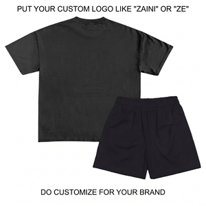 280 GSM Premium Polyester Oversized T-Shirt <b>Shorts</b> <b>Set</b> Black Casual Solid with Embossed Hand Embroidery Front Logo Design - Product Image 2