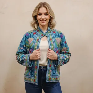 Chaqueta Bordada Suzani de Algodón para Mujer, Azul Floral, Estilo Bohemio, Étnico, Hecha a Mano, Vintage, Informal - Product Image 1