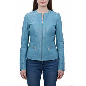 Veste sans col en tissu tissé en peau de mouton sur mesure pour femme, taille XS, fabriquée à la main, bleu turquoise, édition minimaliste élégante, Leathertex - Product Image 3