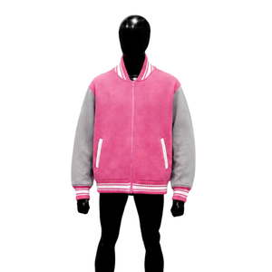 Chaqueta Varsity Rosa Personalizada de Lana con Mangas Gris Claro, Chaqueta Bomber de Béisbol de Calidad Premium para Hombre y Mujer, Venta al por Mayor, Estilo Letterman - Product Image 1