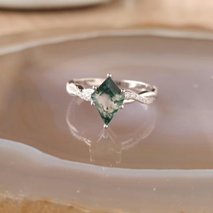 Handmade Kite Shaped <b>Moss</b> <b>Agate</b> CZ <b>Ring</b> Solid Sterling Silver Platinum Rhodium Plated Vintage Green Engagement Wedding Trendy - Product Image 4