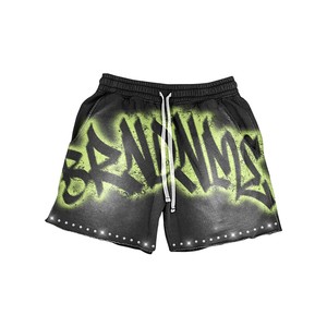 Shorts femme en coton French Terry 280 GSM, effet délavé, noir, vert fluo, imprimé graffiti, logo personnalisé DTG et impression en relief. - Product Image 1