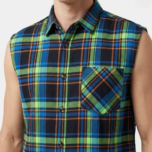 Custom Solid Texture <b>Flannel</b> Men's Sleeveless Plaid Shirt Button Down Casual Summer <b>Top</b> With Pocket Wholesale Cotton Men's Shirt - Product Image 5