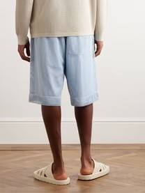 กางเกงขาสั้นเบอร์มิวดาผู้ชาย สีฟ้าอ่อน ผ้าถัก เอวกลาง มีเชือกผูก สไตล์ลำลอง ระบายอากาศได้ดี มีกระเป๋า ผ้าฝ้าย 100% - Product Image 6