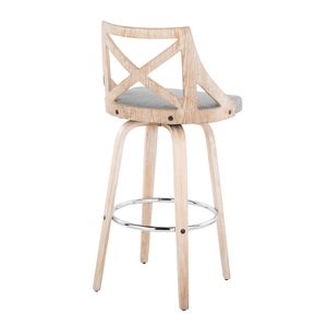 Sgabello da bar Charlotte da 30 pollici a altezza fissa con base girevole, in legno bianco anticato e tessuto grigio chiaro, finitura in metallo cromato, stile rustico - Product Image 4