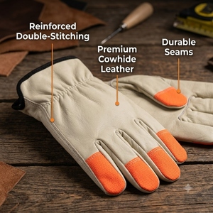 Leather Work <b>Gloves</b> With Orange Fingertip Reinforcement Anti-Slip General Purpose Safety <b>Gloves</b> Straight Cuff - Product Image 6