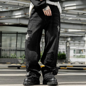 Pantalon décontracté unisexe en denim délavé de haute qualité, style vintage respirant, streetwear hip-hop Y2K avec patch brodé étoile - Product Image 3