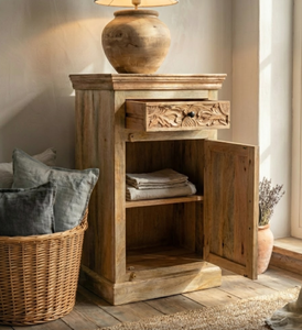 Mueble de Madera Maciza Tradicional con Acabado Natural, Tallado a Mano con Mandala, 1 Cajón y 1 Puerta, Estilo Rústico para Bar en Casa - Product Image 2