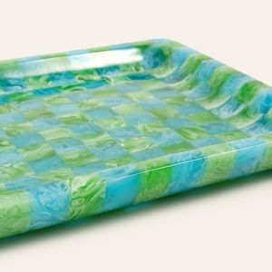 Handmade <b>Resin</b> Serving Tray Green Blue Checkered Pattern Home Decoration Craft Item hotel luxury serving tray <b>Resin</b> <b>crafts</b> decor - Product Image 2