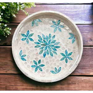 Plateau décoratif artisanal en nacre et coquille de Capiz bleu et blanc, motif écailles de sirène, de luxe, pour service, vente en gros - Product Image 3