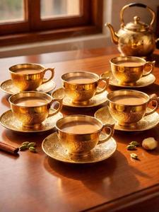 Juego de Té de Latón de Lujo con Tetera, Tazas, Platos y Bandeja de Servicio – Juego de Té y Café de Latón Hecho a Mano en India - Product Image 1