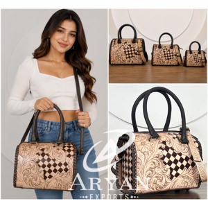 2026 Personalized Tan & Brown Checkered Tooled Cow Leather Speedy Bag Medium 11" Western Cowgirl Handbag Crossbody Duffel Bag - Product Image 1
