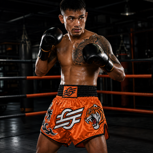 Shorts de MMA orange avec imprimé tigre, logo frontal imprimé par transfert thermique, unisexe, coupe athlétique pour adulte, séchage rapide, vêtements légers pour la boxe - Product Image 1