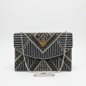 Pochette rectangulaire 9x6 à motif géométrique coloré, faite à la main, perlée, avec fermeture éclair, sac à main de créateur avec bandoulière chaîne, sacs en satin en gros - Product Image 2
