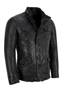 Veste moto en cuir véritable noir pour homme, col montant, fermeture éclair, coupe ajustée, longueur standard, pour l'automne - Product Image 3