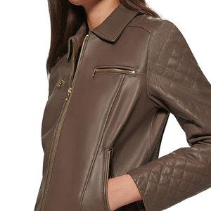 Blouson moto matelassé en cuir véritable pour femme, manches longues, col rabattable, fermeture éclair, vêtement d'extérieur automne et saisonnier - Product Image 5