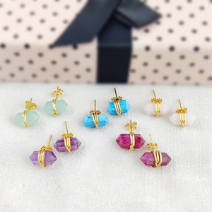 Pendientes de Plata 925 al por Mayor con Aguamarina de Doble Punta, Chapados en Oro, con Alambre Envolvente, Pequeños, con Gema en Forma de Lápiz, Joyería Hecha a Mano - Product Image 3