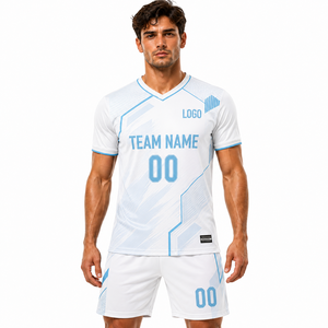 Conjunto de Camiseta de Fútbol Personalizada para Hombre, Blanca y Azul con Estampado Geométrico, Impresión por Transferencia de Calor, 100% Poliéster, Absorbe la Humedad, Corte Atlético - Product Image 1
