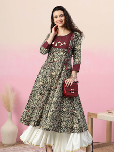 Ensemble Anarkali Kurta Palazzo en coton imprimé Kalamkari Ajrakh, chemisier, vêtements ethniques pour femmes, été, multi-styles - Product Image 3