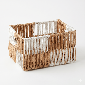 Stylish Two Tone Woven Rope Basket Rectangular <b>Storage</b> Container For Home <b>Bath</b> Organization Handwoven With Handles Eco Friendly - Product Image 4