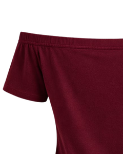 T-shirt femme bordeaux à épaules dénudées, manches courtes, coupe ajustée, décontracté, été, en coton doux, personnalisable, fabricant OEM - Product Image 5
