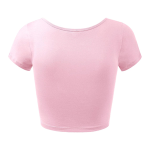 Haut court tricoté rose pour femme, col rond, manches courtes, en coton élasthanne, coupe ajustée, couleur unie, décontracté, respirant, printemps-été - Product Image 3