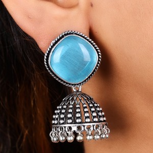 Vintage <b>Oxidized</b> Silver Jhumka Earrings Cat Eye Stone Statement Earrings Green Blue Ethnic Jewelry - Product Image 4