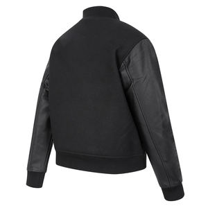 Men's Black Bomber <b>Jacket</b> With PU Leather Sleeves Stand Collar Casual Style Autumn Wear - Product Image 4