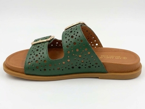 Sandales plates en cuir véritable vert, bout ouvert, fermeture à boucle, chaussures d'été respirantes, semelle en caoutchouc - Product Image 2
