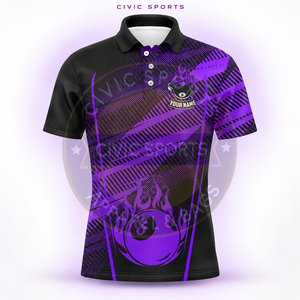 Camiseta Polo de Billar Personalizada para Hombre Civic Sports, Negra y Morada con el Número 8, Manga Corta, Nombre del Equipo, 100% Poliéster - Product Image 3